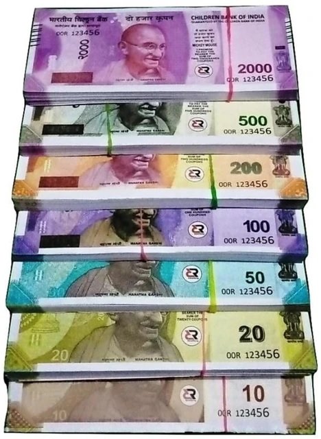 Dummy Currency Notes- 5pcs each of Rs 1, 2, 5,10, 20, 50, 100, 200, 500, & 2000/-.